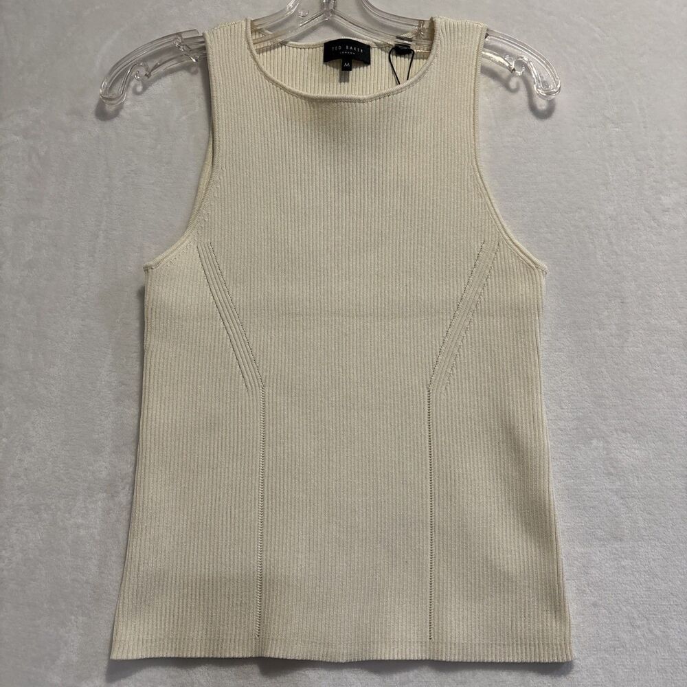 Ted Baker London V Neck Sleeveless Rib Knit Top Women's Medium Quiet Ivory NWT